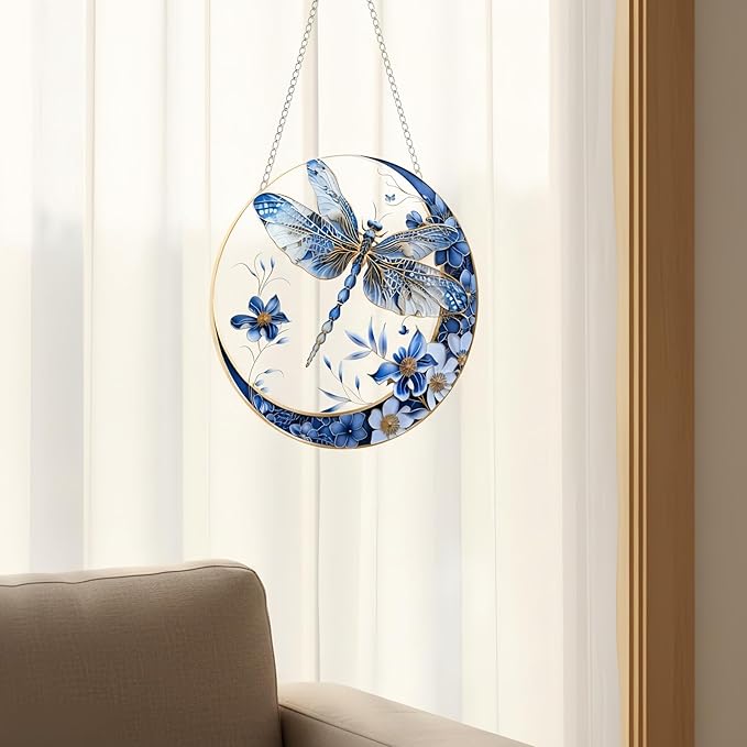 Sun Catchers Indoor Window Dragonfly and Flower，8x8 Inch Hanging Acrylic Sun Catchers Indoor Window Decor with Hook for Living Room Bedroom Summer Home Balcony Ornaments Decoration