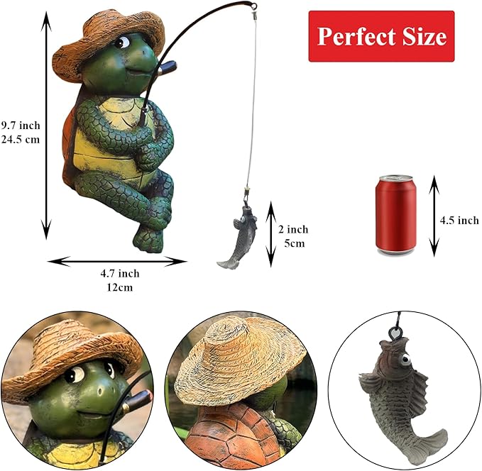 Garden Tortoise Pond Statue Decoration, Fishing Turtle Outdoor Statues for Koi Pond or Waterfall Decor, 9.5" Figurine Poolside Statue, Outdoor Decor, Gifts for Mom