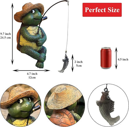 Garden Tortoise Pond Statue Decoration, Fishing Turtle Outdoor Statues for Koi Pond or Waterfall Decor, 9.5" Figurine Poolside Statue, Outdoor Decor, Gifts for Mom