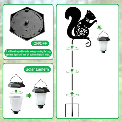 Metal Squirrel Garden Stake, Solar Lights Outdoor Solar-Powered with Lantern-Outdoor Waterproof Pathway and Garden Decorations (Black Squirrel)