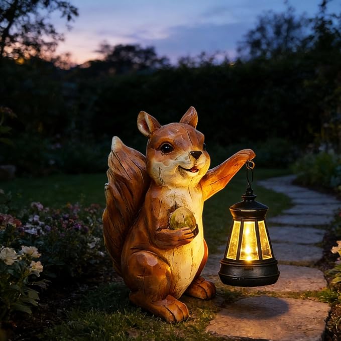 Garden Statue Outdoor,Solar Squirrel Decor Lights,Resin Figurine Squirrel with Solar Light for Patio,Balcony,Yard,Lawn Ornament,Perfect Garden Gift(Squirrel 1)