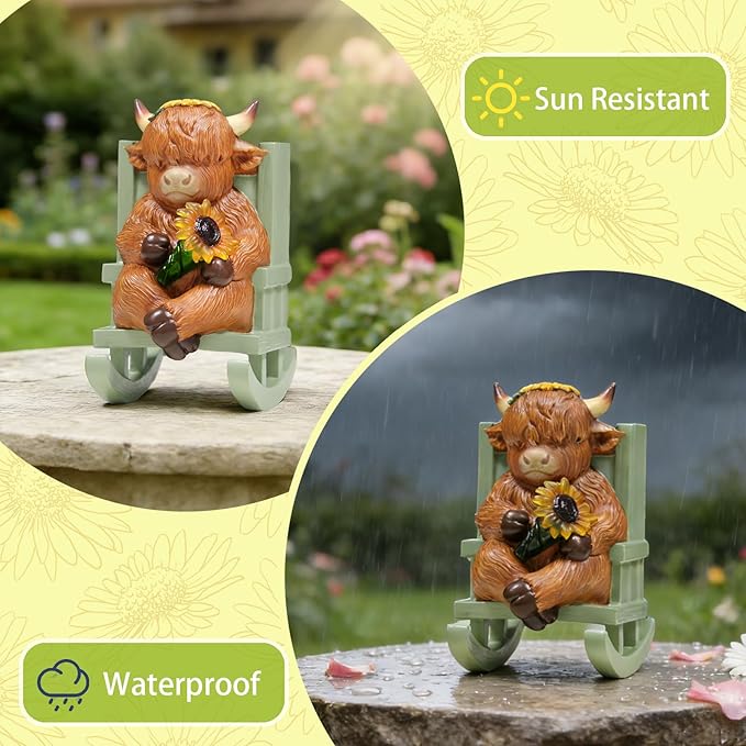 Solar Garden Statues Highland Cow Garden Decor Resin Highland Cow Statue with Light Animal Figurine Outdoor Yard Patio Lawn Decoration Housewarming Gardening Gifts for Women 3.5 * 5 * 6.5 in