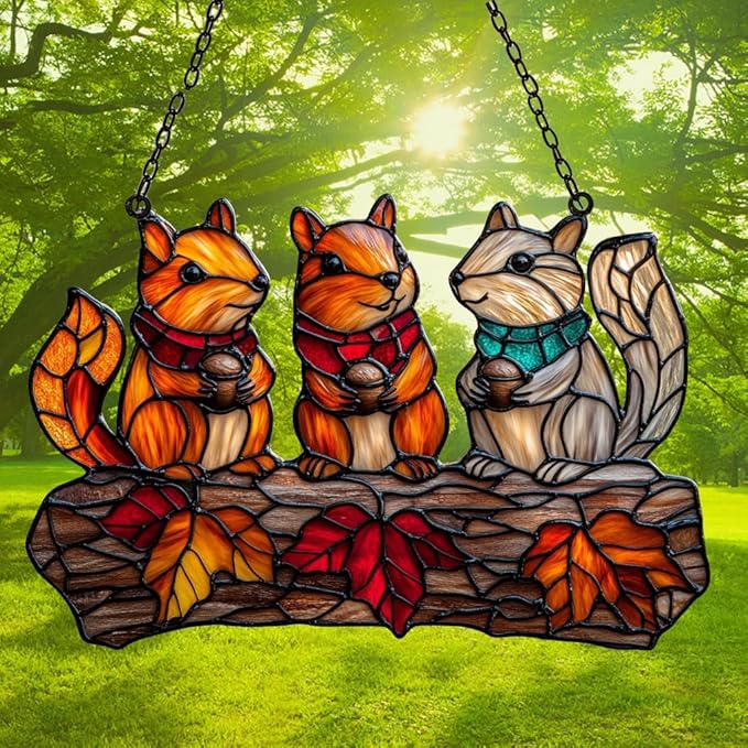 Autumn Squirrel Acrylic Suncatcher Stained Glass Effect Window Car Hanging Christmas Ornament Indoor Outdoor Decor Garden Sun Catcher Panel for Acrylic Suncatcher Lover for Women Mom Grandma