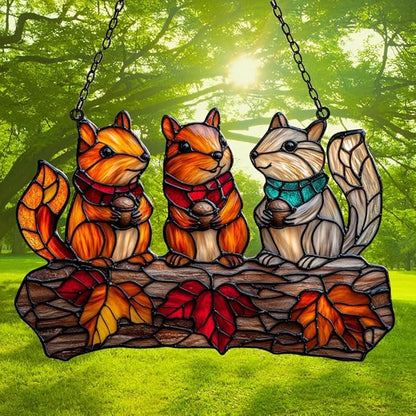 Autumn Squirrel Acrylic Suncatcher Stained Glass Effect Window Car Hanging Christmas Ornament Indoor Outdoor Decor Garden Sun Catcher Panel for Acrylic Suncatcher Lover for Women Mom Grandma