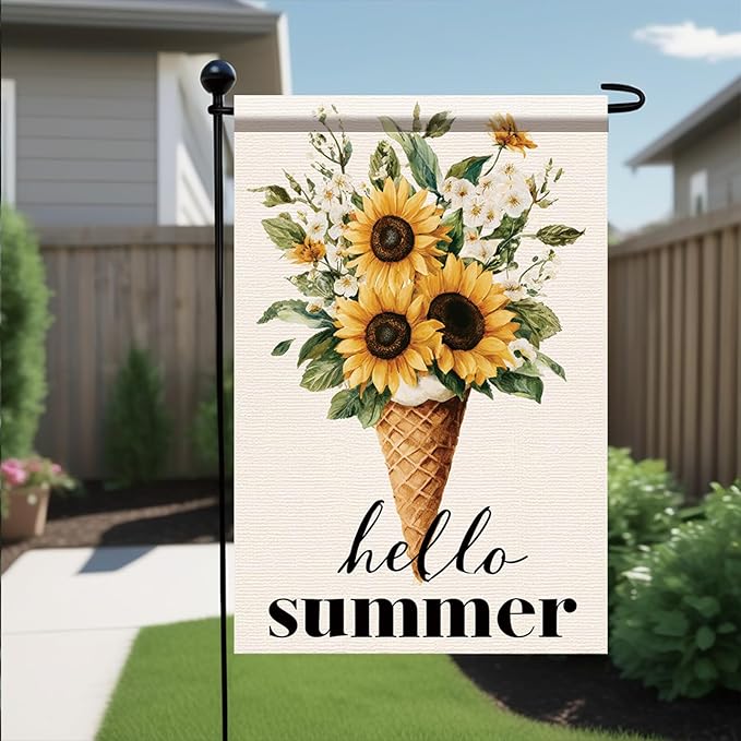 Hello Summer Garden Flag Sunflower Ice Cream Floral Outdoor Yard Porch Lawn Garden Decor for Rustic Farmhouse Cottage Patio Seasonal Summer Home Display