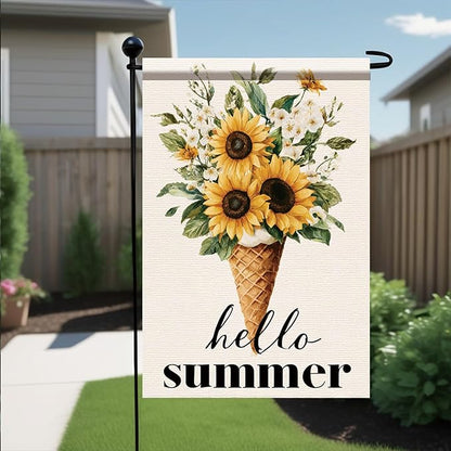 Hello Summer Garden Flag Sunflower Ice Cream Floral Outdoor Yard Porch Lawn Garden Decor for Rustic Farmhouse Cottage Patio Seasonal Summer Home Display