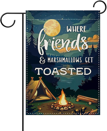 Dyrenson Camping Friends Decorative Garden Flag, Camper Tent Forest Night Lake House Adventure Yard Outside Home Decoration, Campsite Campfire Outdoor Small Decor Double Sided 12 x 18