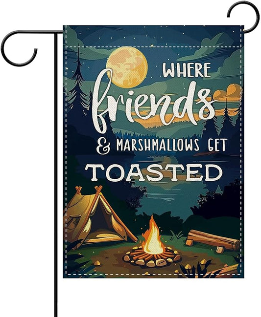 Dyrenson Camping Friends Decorative Garden Flag, Camper Tent Forest Night Lake House Adventure Yard Outside Home Decoration, Campsite Campfire Outdoor Small Decor Double Sided 12 x 18