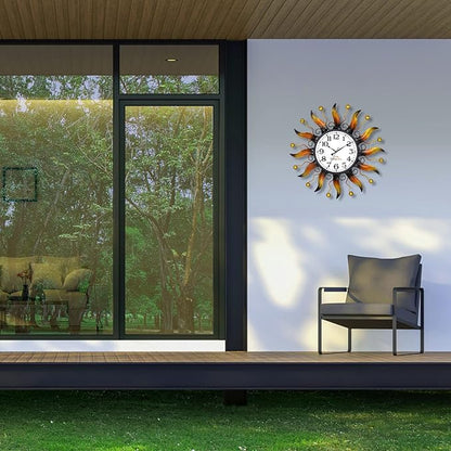 Outdoor Clock Silent Non-Ticking, Sun Outdoor Wall Clock Waterpooof Outside Clock for Patio, Home Decorations(Orange)