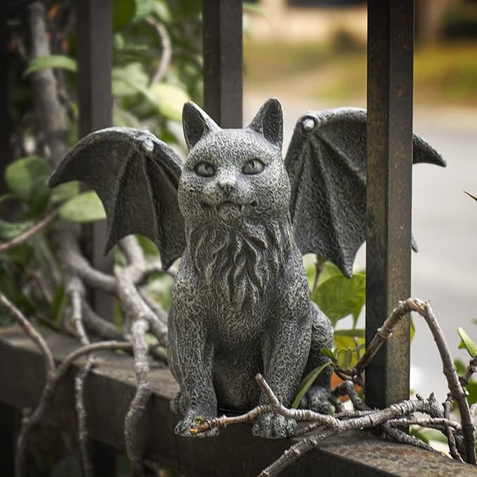 6.75” Faux Stone Gothic Winged Gargoyle Cat Fantasy Garden Charcoal Grey Textured Statue