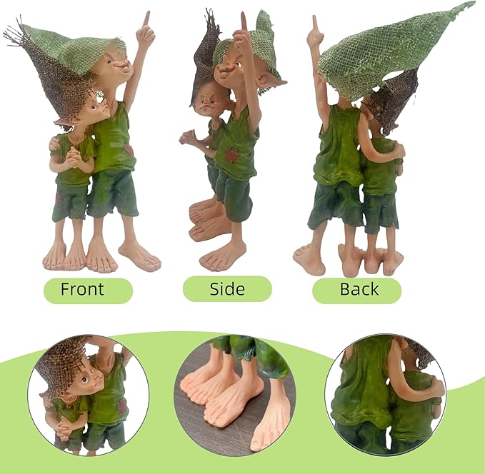 Cute Pixie Statue Fairy Garden Elf Brothers Figurine, Resin Craft Gift Desktop Ornament, Outdoor Statue for Patio, Lawn, Yard Decor