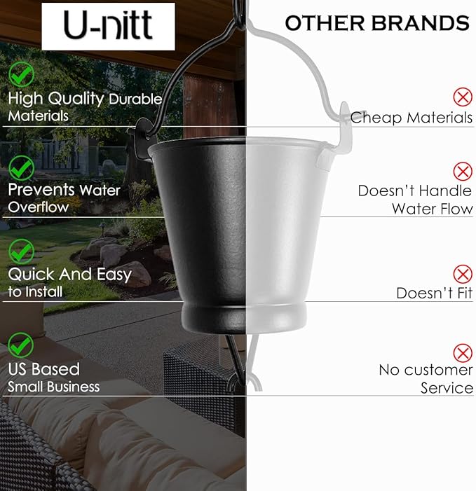 U-nitt Rain Chain Water Collection for Gutters Rainwater Catcher & Diverter, 8.5 FT Chains for Outside Garden, Black Bucket Cups, Roof Downspout, Works with Heavy Rain, w/Gutter Clip for Rainchains