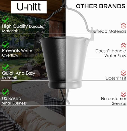U-nitt Rain Chain Water Collection for Gutters Rainwater Catcher & Diverter, 8.5 FT Chains for Outside Garden, Black Bucket Cups, Roof Downspout, Works with Heavy Rain, w/Gutter Clip for Rainchains