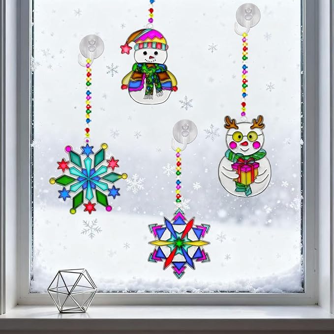 AUEKIV Suncatchers Kit 30sets Snowflake Sun Catcher DIY Window Paint Art Craft Kits Christmas Snowman Snowflake Suncatchers Ornaments for Xmas Decoration Winter Home Outdoor Party Activity