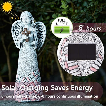 Angel Garden Statues Outdoor Solar Decor Gifts for Women Cross Praying for Cemetery Backyard Lawn Yard Decoration（10.24inch）