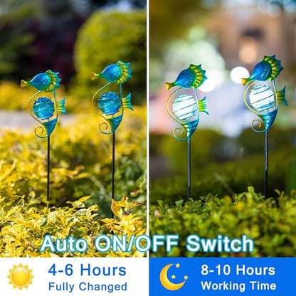 Solar Lights Outdoor 2 Pack, Metal Garden Decorative Stake Solar Lights Blue Seahorse Decor for Garden, Pathway, Lawn, Patio, Yard