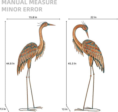 45.3" Tall Extra Large Metal Crane Decor, Handcrafted Distressed Bronze Heron Sculpture with 4-Piece Secure Ground Stakes, Vintage Charm Outdoor Garden Statue Yard Art for Patio & Backyard Decor
