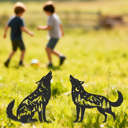 Wolf Decor Garden Stakes - 2 Pcs Metal Howling Animal Statues Outdoor Decoration Yard Patio Lawn Art Ornaments Black Figurine Decorative Backyard Porch Sign Christmas New Year Gifts for Men