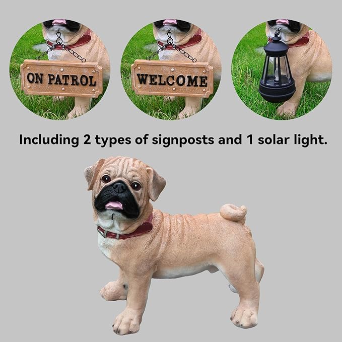 Pug Dog Garden Statue with Solar Lantern & Welcome Sign, 11" Cute Resin Animal Figurine Outdoor Decor, Weatherproof Pet Sculpture for Patio Yard Porch Lawn, Dog Lover Gifts (4.2 LBS)