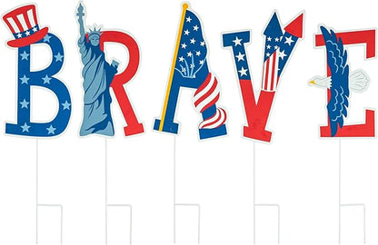 Glitzhome 43.2"H Metal Patriotic BRAVE Garden Yard Stake, Set of 5 American National Day Yard Sign Wall Decor for USA Patio Lawn Porch 4th of July Indoor Outdoor Decorations