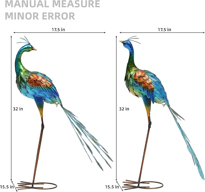 32" Oversized Peacock Decor Set of 2, Hand-Painted Metal Yard Art, Weatherproof Outdoor Garden Statues & Sculptures for Lawn, Flower Beds, Patio, Backyard or Indoor Kitchen & Home Decor