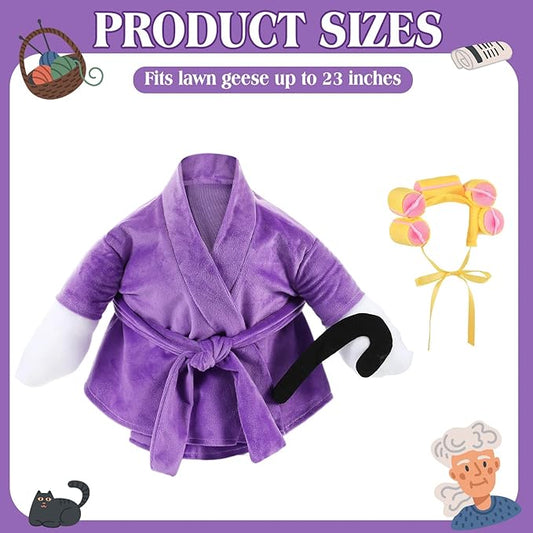 Shyyween Old Lady Porch Goose Outfit 23 Inch Cement Plastic Lawn Goose Statue Clothes Winter Pjs Purple Bathrobe and Curlers Coffee Cup Crutch Set