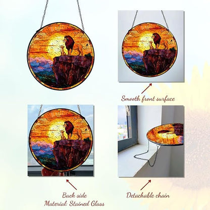 GENANY Lion Stained Glass Window Hanging, Animal Sun Catcher with Metal Chain and Hook, Lion Spring Ornament Gifts for Women Men, Spring Home Decorations, Wildlife Themed Housewarming Gifts