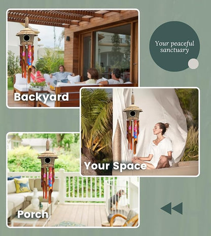 Nalulu Flory Bamboo Wind Chimes - Oustide Outdoor Wooden Windchimes with Birdhouse, Handcrafted with Calming Deep Tones, Ideal Home Decor or Gift for Him and Her