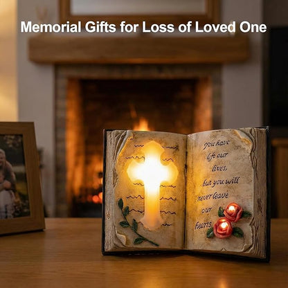 Candieslife Outdoor Solar Memorial Cross Stakes Lights, Waterproof Book Statue Grave Decorations Sympathy Gifts for Cemetery Garden Lawn Yard Patio Home Decor