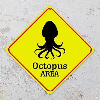 Warning Octopus Area Metal Tin Sign Ocean Animal Caution Crossing Xing Street Sign Yellow Diamond Shape Funny Metal Sign For Indoor Outdoor Highway15x15in