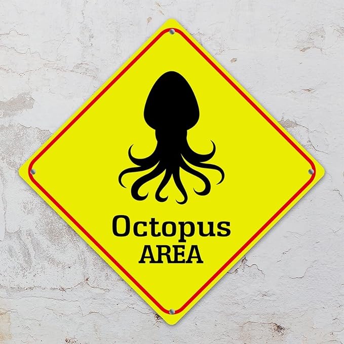 Warning Octopus Area Metal Tin Sign Ocean Animal Caution Crossing Xing Street Sign Yellow Diamond Shape Funny Metal Sign For Indoor Outdoor Highway10x10in