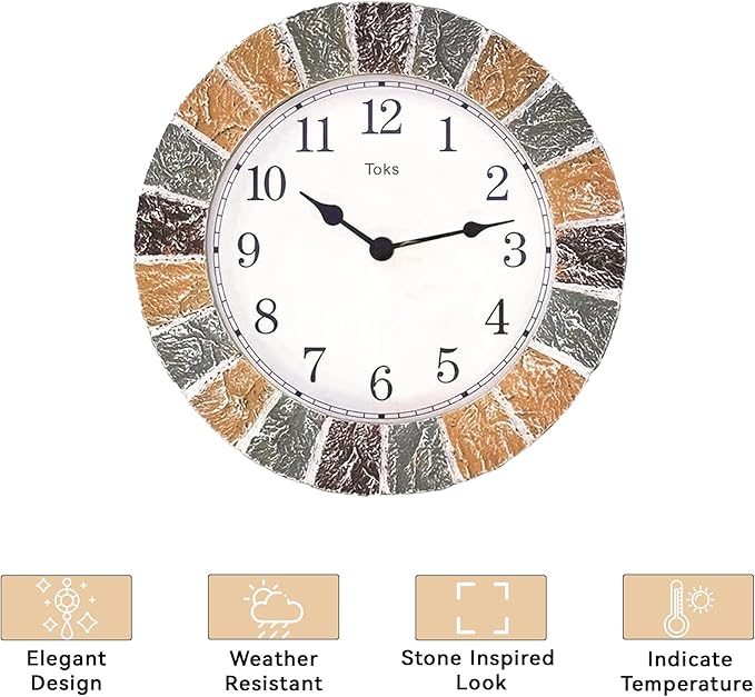 Lily's Home 10 inch Indoor or Outdoor Wall Clock Stone Frame Battery Operated Quartz Movement, Operated Decor for Family Room, Office, Game Room,Garden, Backyard, Pool