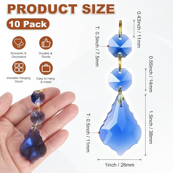 M METERXITY 10PCS Crystal Suncatcher 2 Leaves Prisms Pendants Ornament, 38mm Chandelier Hanging Crystal Sun Catcher Beads for Home Garden Windows Wedding DIY Decoration [Medium Blue]