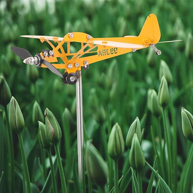 Metal Airplane Wind Spinner Outdoor Garden Decoration Yellow Small 28x18cm Iron Art Weather Vane Patio Yard Sculpture