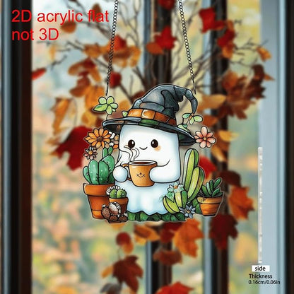 Halloween Cute Ghost Suncatcher,Fun Decoration Plant Light Sun Catcher，Acrylic Window Hanging Indoor Outdoor for Family Art Wall Decor，Women Friends Neighbor Halloween Party Gift 7.8inch