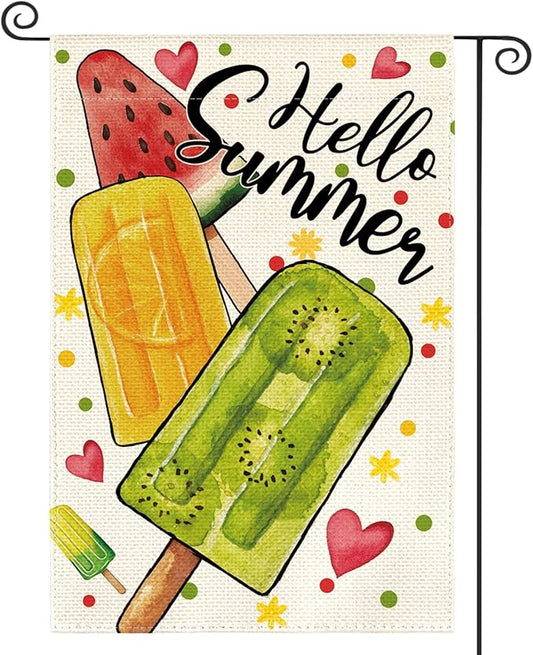 AVOIN colorlife Hello Summer Popsicles Garden Flag 12x18 Inch Double Sided Outside, Welcome Seasonal Burlap Yard Outdoor Decoration