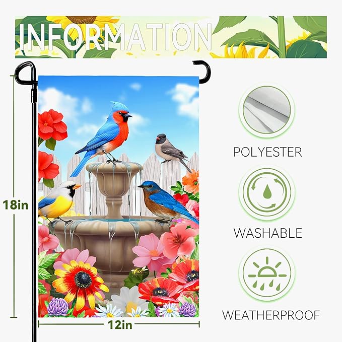 Summer Birdbath Gathering Garden Flag Birds Floral Yard Flag Double Side Polyester Colorful Flowers Garden Flags 12x18 Inch for Outdoor House Banner Decoration
