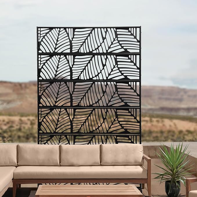 Metal Privacy Screen, 72" H x 44" W Freestanding Privacy Screens, Patio Decorative Metal Fence Panels with Stand, Portable Divider Screens, for Backyard/Patio/Deck (Black-Leaf, 72''H×44''W)