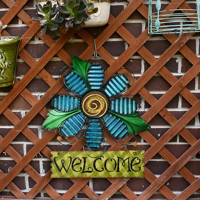 Welcome Sign for Front Door Decor Hanging Sign, Metal Flower Welcome Door Sign Wall Art Decor Hanging for Indoor Outdoor Patio Garden Yard Sign Porch Decoration 15.75X12.75In (C)