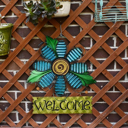 Welcome Sign for Front Door Decor Hanging Sign, Metal Flower Welcome Door Sign Wall Art Decor Hanging for Indoor Outdoor Patio Garden Yard Sign Porch Decoration 15.75X12.75In (C)