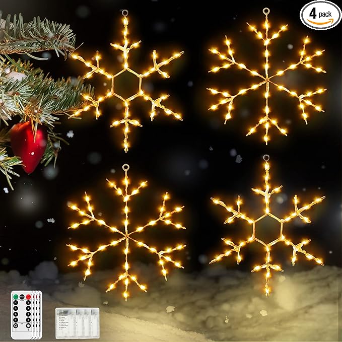 Tuanse 4 Pcs Christmas Silhouette Window Lights Christmas Snowflake Lights with Remote Control LED Lighted Snowflake Decorations Xmas for Window Wall (Warm White)