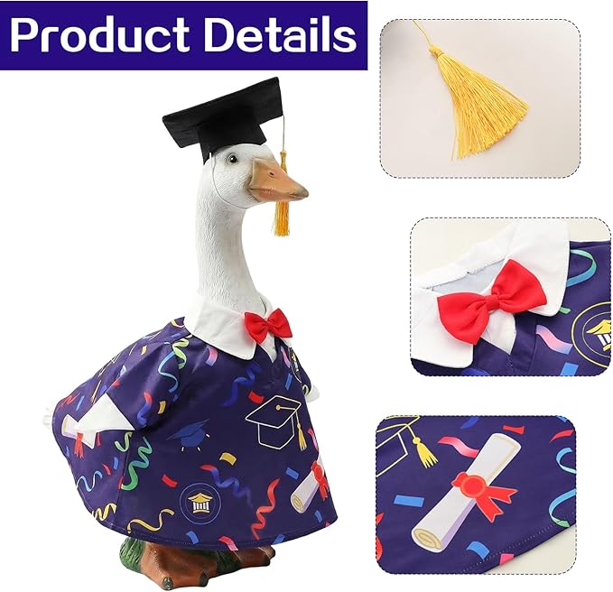 Graduation Lawn Goose Outfit, Blue Academic Graduation Gown and Mortarboard Cap Fits 23 Inch Yard Porch Goose for Yard Garden Outdoor Statue