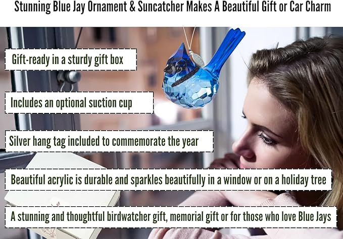 Birdwatcher Gift, Stunning Blue Jay Sparkling Suncatcher, Acrylic Ornament - A Perfect Bird Gift with 2026 Charm & Suction Cup - Stunning Acrylic Bird Suncatcher, Blue Jay Car Charm