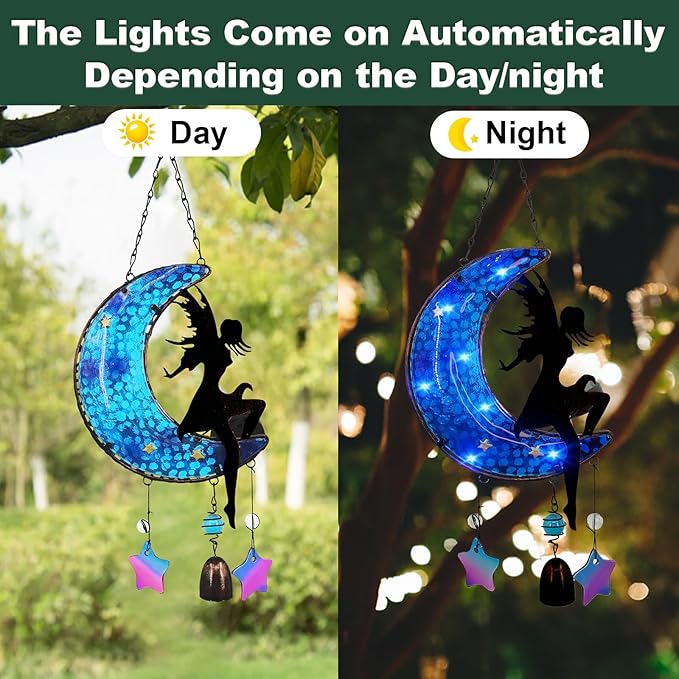 Memorial Wind Chimes Solar Hanging Glass Moon Lights Metal Fairy Angel Outdoor Wind Chimes for Mom Loved One Gifts