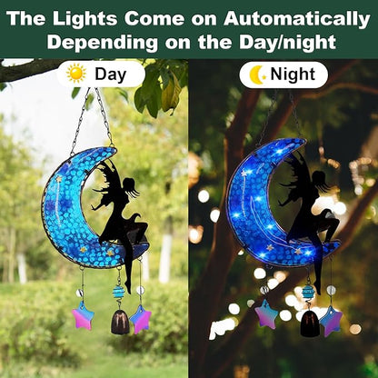 Memorial Wind Chimes Solar Hanging Glass Moon Lights Metal Fairy Angel Outdoor Wind Chimes for Mom Loved One Gifts