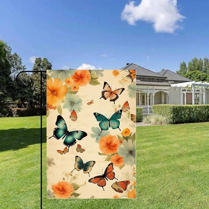 Gkyygk Butterfly Flower Garden Flag 12 x 18 Inch Double Sided Welcome Banners Farmhouse Holiday Outside Decor Burlap Yard Flag