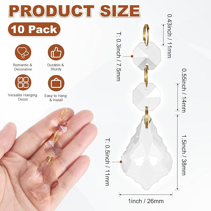M METERXITY 10PCS Crystal Suncatcher 2 Leaves Prisms Pendants Ornament, 38mm Chandelier Hanging Crystal Sun Catcher Beads for Home Garden Windows Wedding DIY Decoration [White]