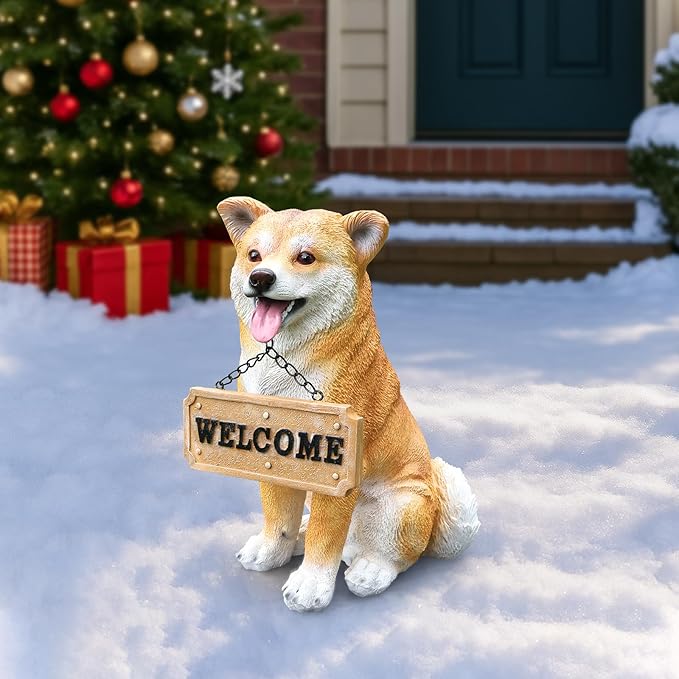 Akita Dog Garden Statue with Solar Lantern & Interchangeable Welcome/On Patrol Sign, Outdoor Resin Puppy Sculpture Decor for Patio, Porch, Yard, Lawn Ornament, Gift for Dog Lovers