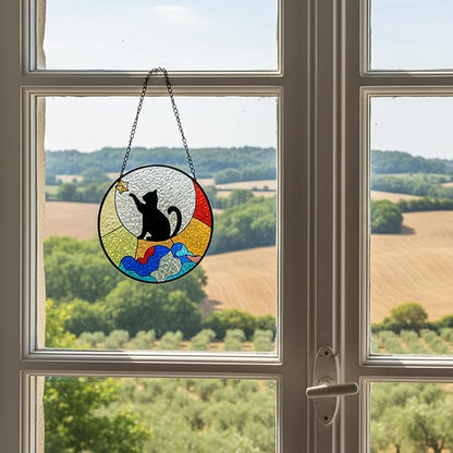 Black Cat Stained Glass Window Hanging Ornament, Cat Suncatcher Indoor Wall Art, Boho Cottagecore Moon Kitten Wall Hanging Decorations, Gifts for Cat Lovers, 5.9''