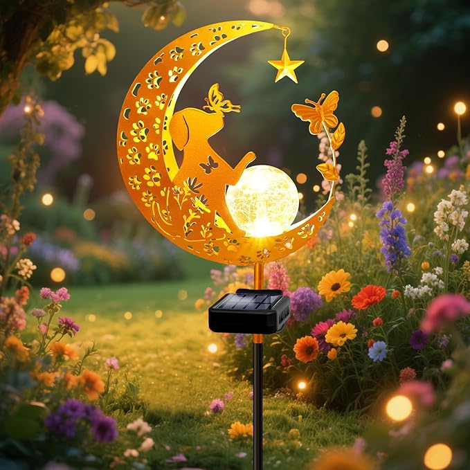 ZNYCYE Solar Lights Outdoor Decorative Moon Dog Butterfly Solar Stake Lights Birthday Mothers Day Gifts for Mom Women Grandma, Garden Decor Waterproof for Walkway, Yard, Lawn, Patio (Warm White)